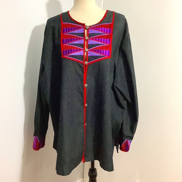 VTG 90'S BOB MACKIE WEARABLE ART PLUS 3X BLACK DENIM JACKET EMBROIDERED BOHO - Picture 1 of 10